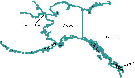 black and white diagram of alaska with x's at the siberian coast, chukchi sea, and point barrow.